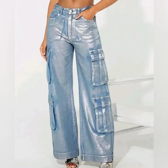Women's Deep Silver Barrel Print High Waist Loose Denim Pockets Bottom Trouser