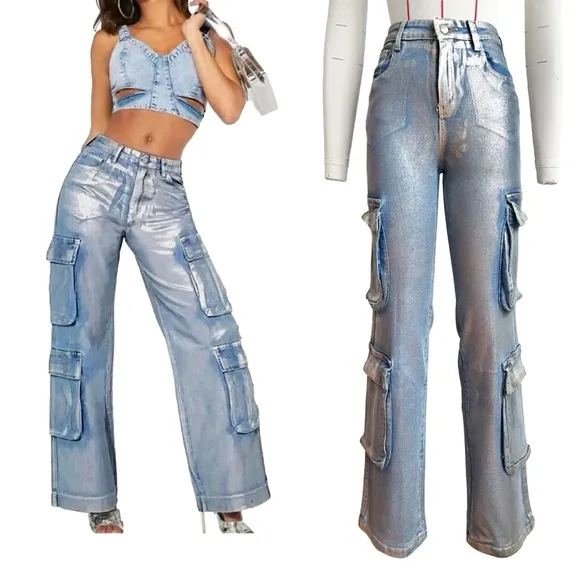 Women's Deep Silver Barrel Print High Waist Loose Denim Pockets Bottom Trouser