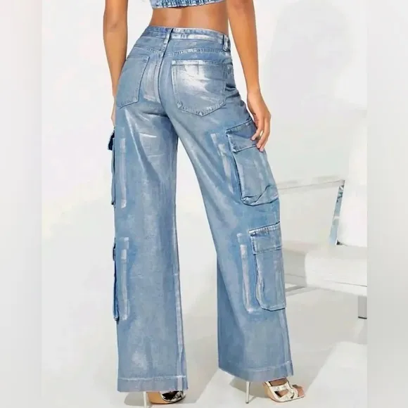 Women's Deep Silver Barrel Print High Waist Loose Denim Pockets Bottom Trouser