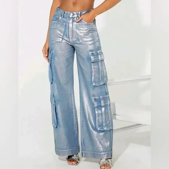 Women's Deep Silver Barrel Print High Waist Loose Denim Pockets Bottom Trouser