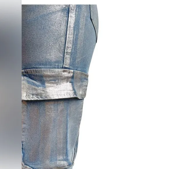 Women's Deep Silver Barrel Print High Waist Loose Denim Pockets Bottom Trouser
