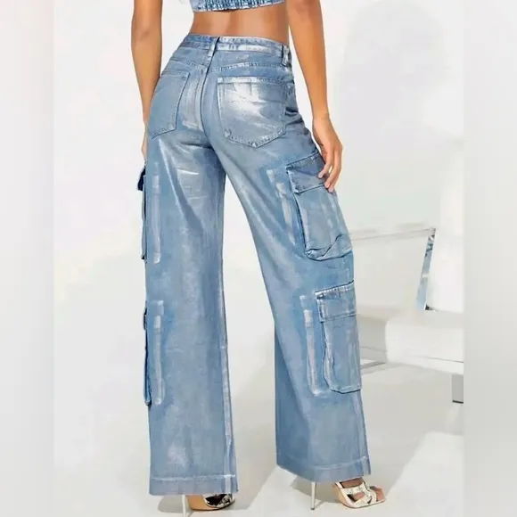 Women's Deep Silver Barrel Print High Waist Loose Denim Pockets Bottom Trouser