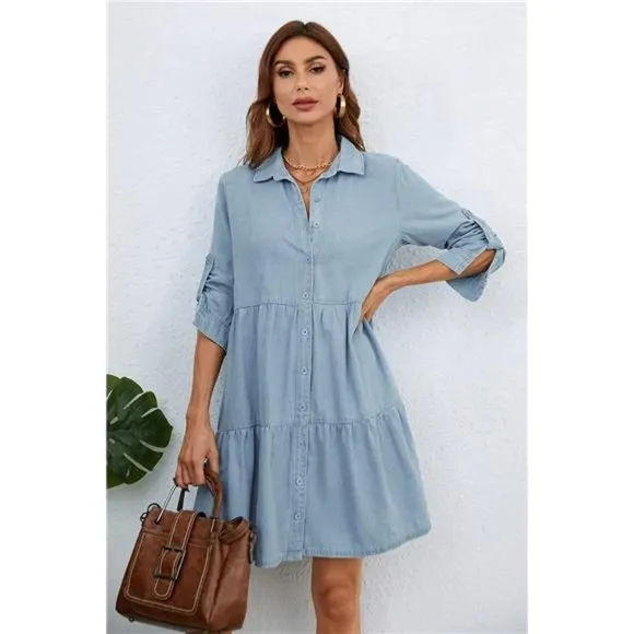 Women's Denim Shirt Dress Chambray Cotton Knee Length