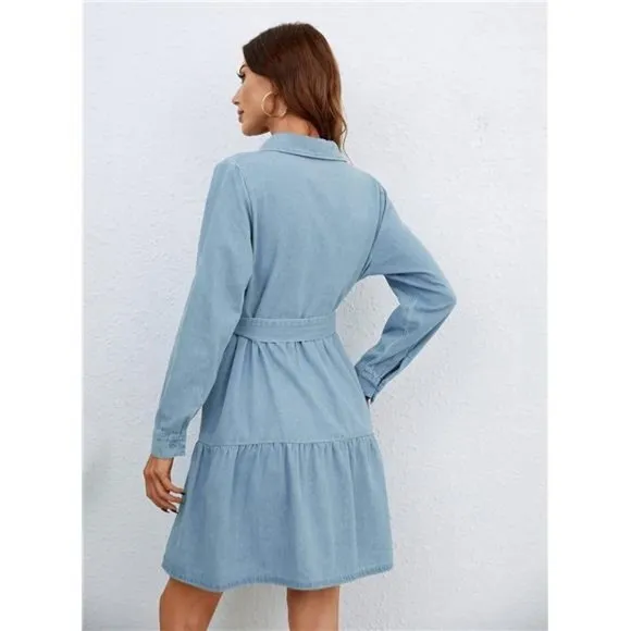 Women's Denim Shirt Dress Chambray Cotton Knee Length