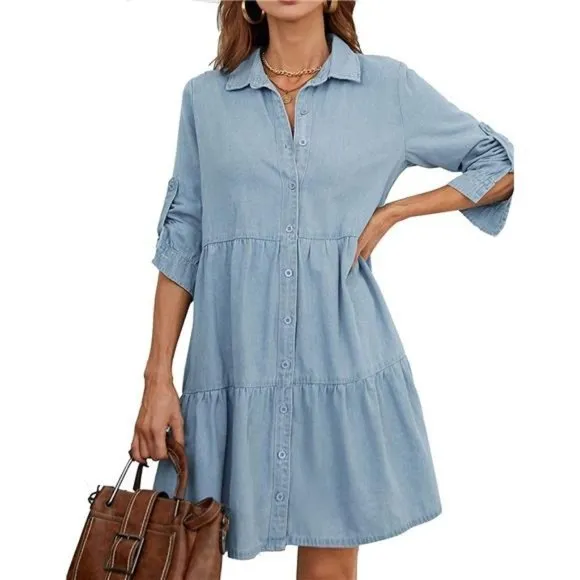 Women's Denim Shirt Dress Chambray Cotton Knee Length