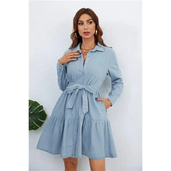 Women's Denim Shirt Dress Chambray Cotton Knee Length