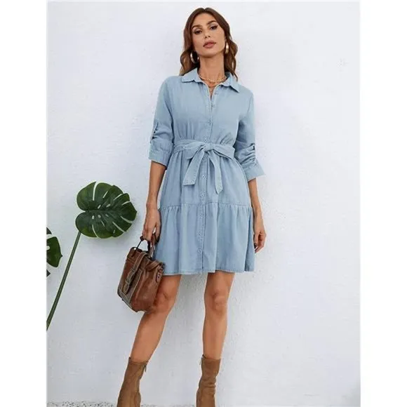 Women's Denim Shirt Dress Chambray Cotton Knee Length