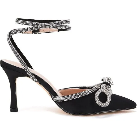 ⭐Women's Double Bow Pointed Toe Ankle Strap Crystal Pumps  Stilettos Backless