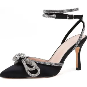 ⭐Women's Double Bow Pointed Toe Ankle Strap Crystal Pumps  Stilettos Backless