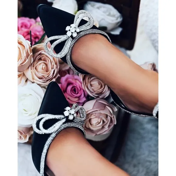 ⭐Women's Double Bow Pointed Toe Ankle Strap Crystal Pumps  Stilettos Backless