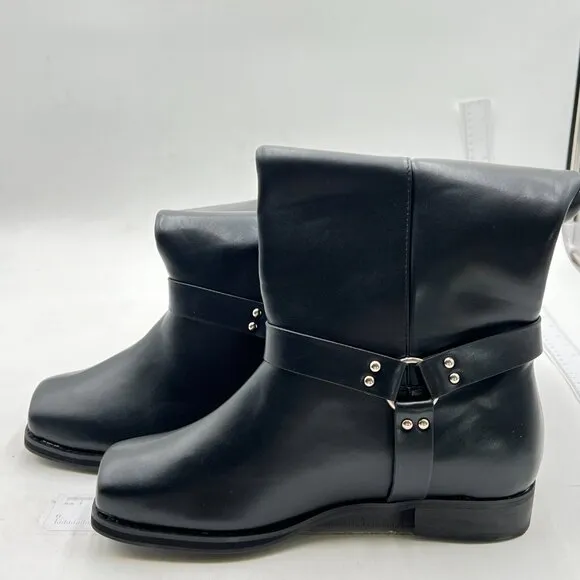 Women's Knee High Boots Square Toe Low Chunky Boots Buckles Riding Boots Black