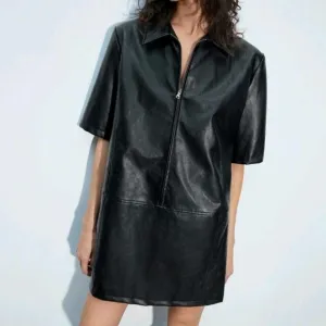 Women's Short Sleeve Zipper Casual Mini Dress, Minimalist Fashion For Everyday