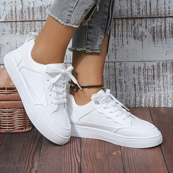 Women's Sporty Casual Lace Up Flat tennis Shoes Sneakers White