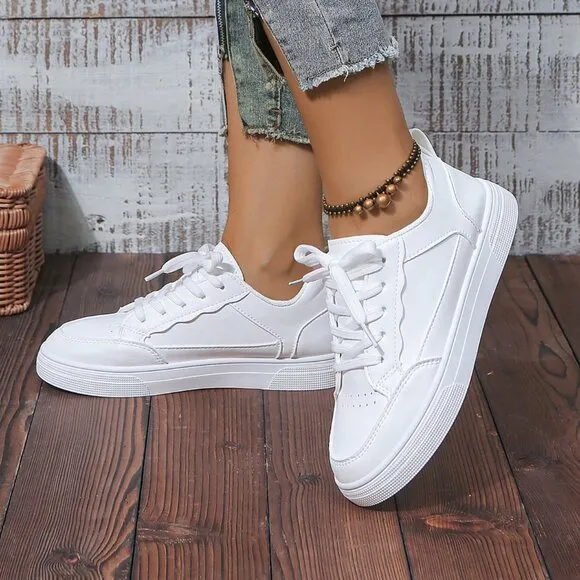 Women's Sporty Casual Lace Up Flat tennis Shoes Sneakers White