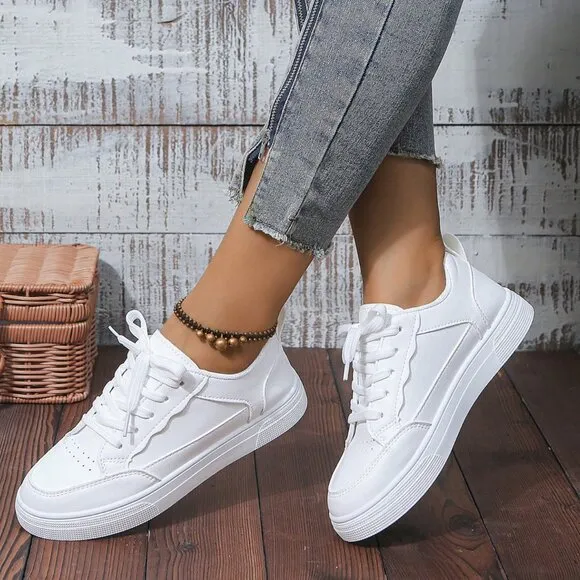 Women's Sporty Casual Lace Up Flat tennis Shoes Sneakers White
