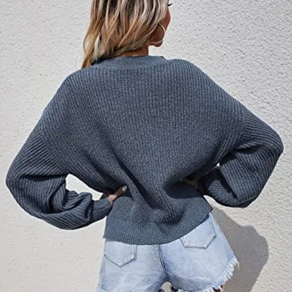 Women's Casual Long Sleeve V Neck Drop Shoulder Solid Sweater Tops