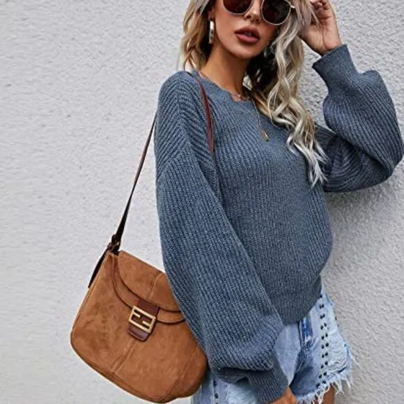 Women's Casual Long Sleeve V Neck Drop Shoulder Solid Sweater Tops