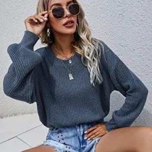 Women's Casual Long Sleeve V Neck Drop Shoulder Solid Sweater Tops