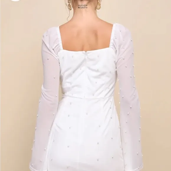 XS Ivory Ivory Mesh Pearl Long Sleeve Mini Dress Bach bride bridal wedding