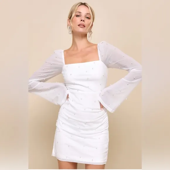 XS Ivory Ivory Mesh Pearl Long Sleeve Mini Dress Bach bride bridal wedding