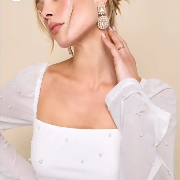 XS Ivory Ivory Mesh Pearl Long Sleeve Mini Dress Bach bride bridal wedding
