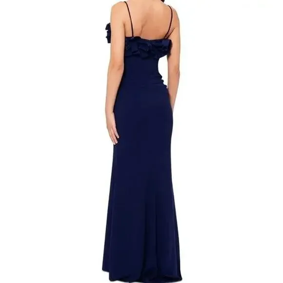 Xscape Ruffled Scuba Crepe Gown Dress Navy Formal Minimalist NWT 12