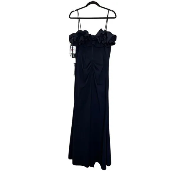 Xscape Ruffled Scuba Crepe Gown Dress Navy Formal Minimalist NWT 12