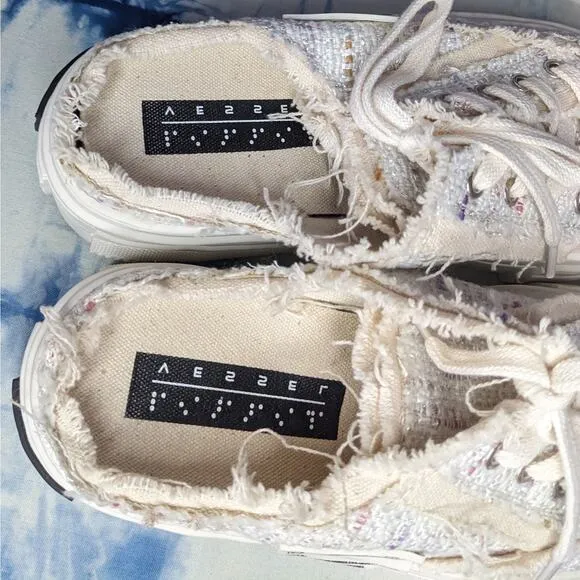 Xvessel G.O.P. White Tweed Fringe Lace Up Slip On Shoes White Women's Size 6