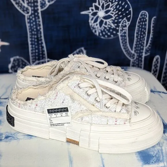 Xvessel G.O.P. White Tweed Fringe Lace Up Slip On Shoes White Women's Size 6
