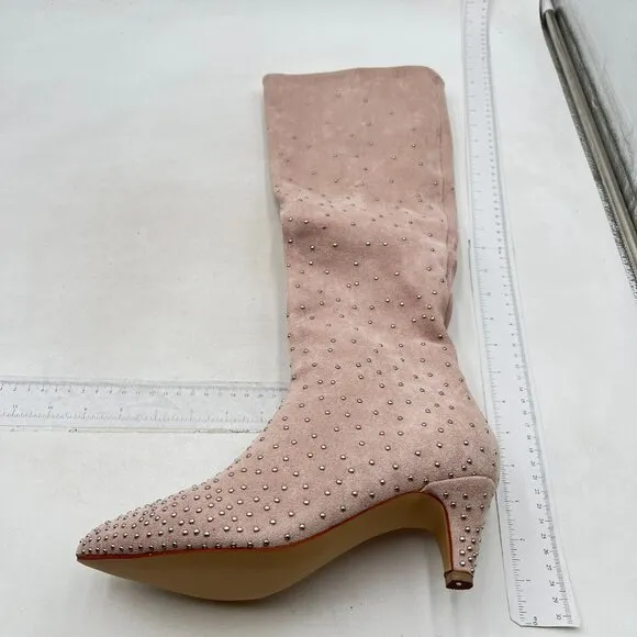 XYD Light Pink Diamonds Studded Kitten Heels Pointed Toe Slouchy Winter Boots