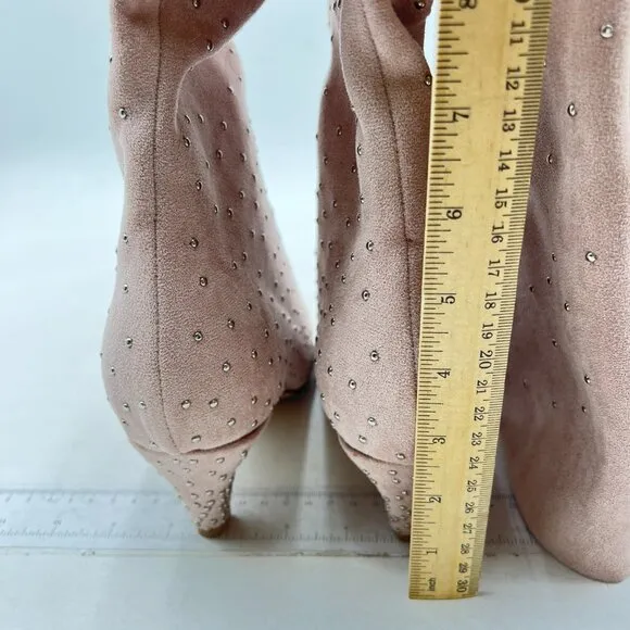 XYD Light Pink Diamonds Studded Kitten Heels Pointed Toe Slouchy Winter Boots