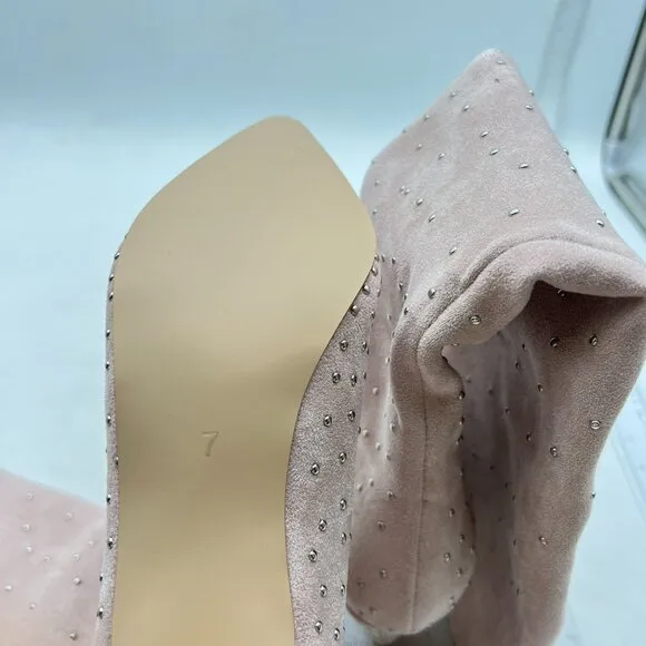 XYD Light Pink Diamonds Studded Kitten Heels Pointed Toe Slouchy Winter Boots