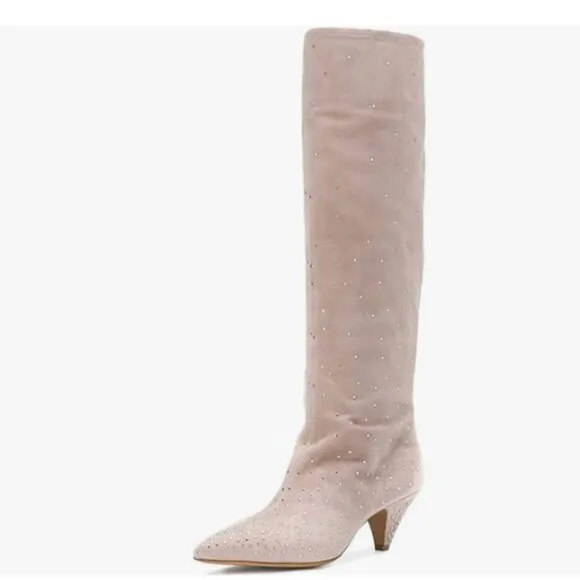 XYD Light Pink Diamonds Studded Kitten Heels Pointed Toe Slouchy Winter Boots