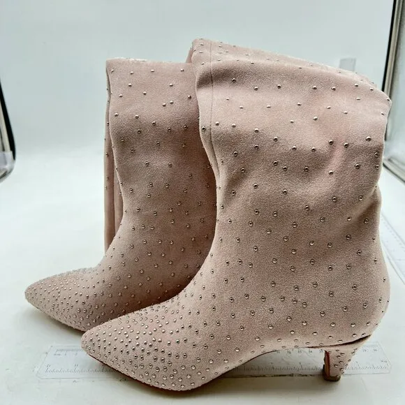 XYD Light Pink Diamonds Studded Kitten Heels Pointed Toe Slouchy Winter Boots