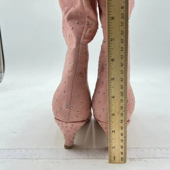 XYD Pink Diamonds Studded Party Boot Kitten Heel Pointed Toe Slouchy Winter Boot
