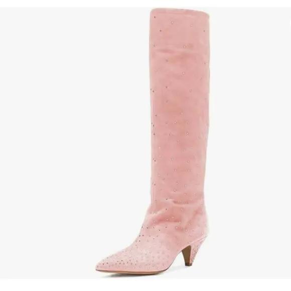 XYD Pink Diamonds Studded Party Boot Kitten Heel Pointed Toe Slouchy Winter Boot
