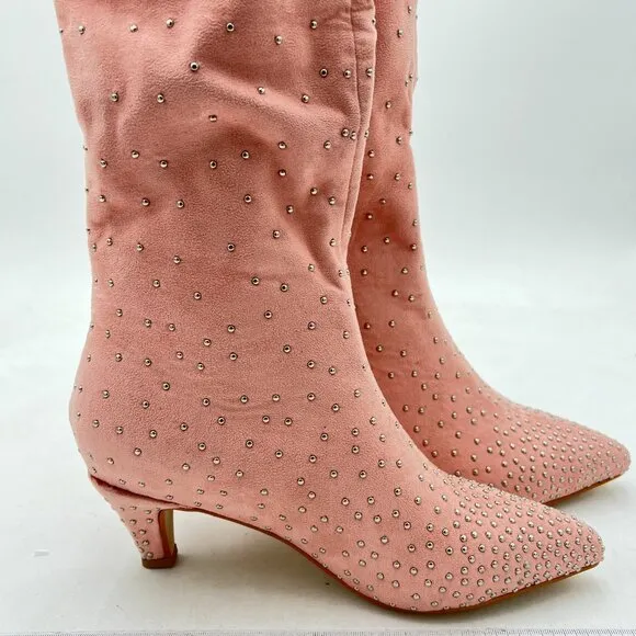 XYD Pink Diamonds Studded Party Boot Kitten Heel Pointed Toe Slouchy Winter Boot