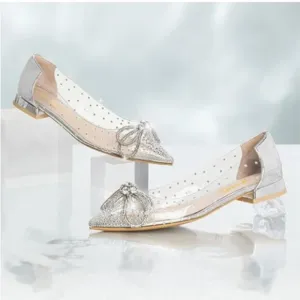 XYD Silver Bowknot Rhinestones Studded Low Heel Slip On Pointed Toe Evening Shoe