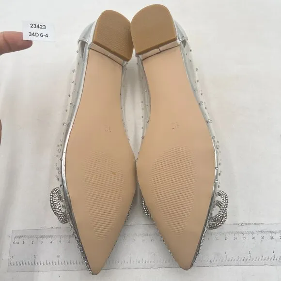 XYD Silver Bowknot Rhinestones Studded Low Heel Slip On Pointed Toe Evening Shoe