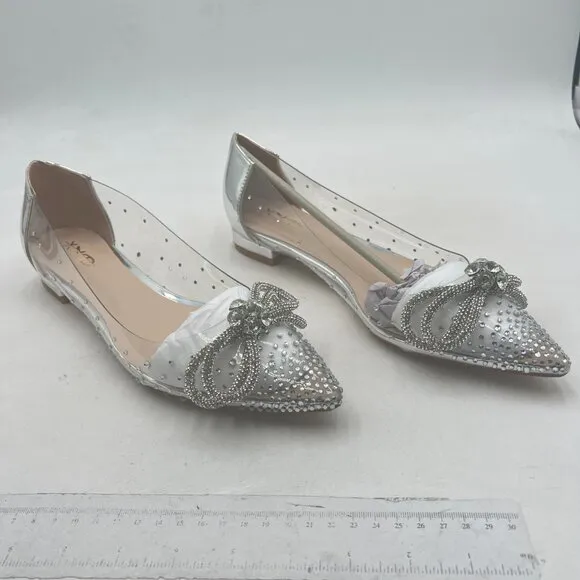 XYD Silver Bowknot Rhinestones Studded Low Heel Slip On Pointed Toe Evening Shoe