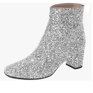 XYD Silver Glitter Low Block Heel Ankle Boots Round Toe Dress Shoes with Zip
