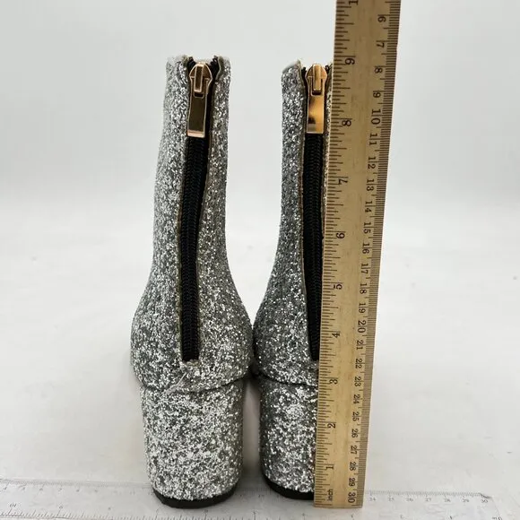 XYD Silver Glitter Low Block Heel Ankle Boots Round Toe Dress Shoes with Zip