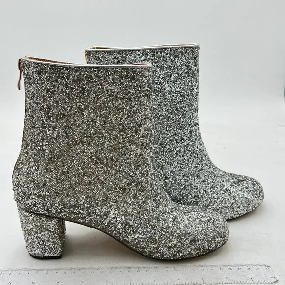 XYD Silver Glitter Low Block Heel Ankle Boots Round Toe Dress Shoes with Zip