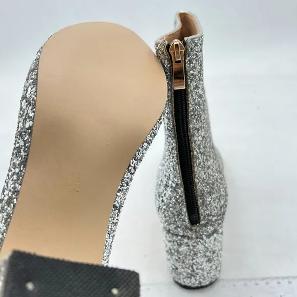 XYD Silver Glitter Low Block Heel Ankle Boots Round Toe Dress Shoes with Zip