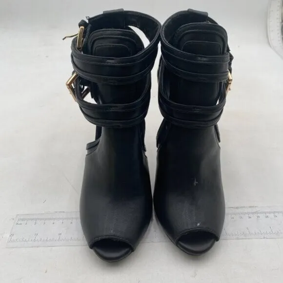 XYD Women Peep Toe Ankle Bootie High Heels Buckled Double Straps Cutout Black