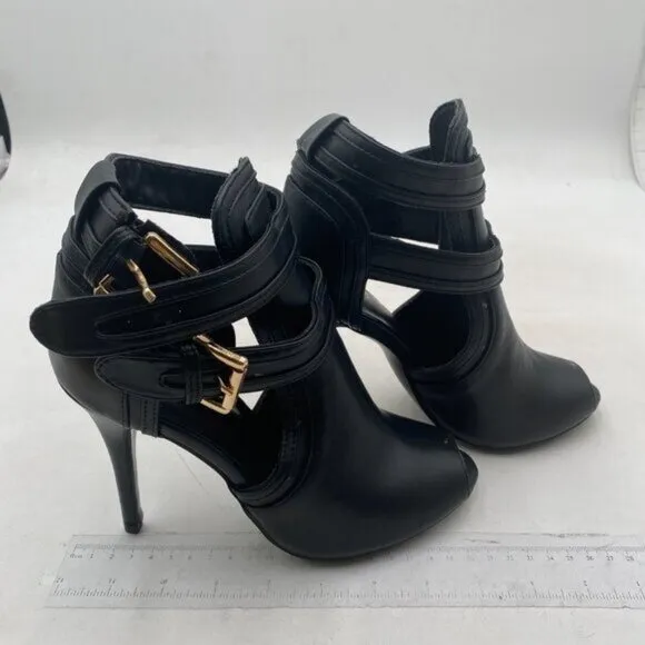 XYD Women Peep Toe Ankle Bootie High Heels Buckled Double Straps Cutout Black