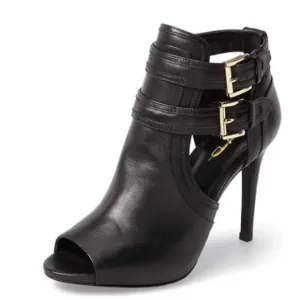 XYD Women Peep Toe Ankle Bootie High Heels Buckled Double Straps Cutout Black