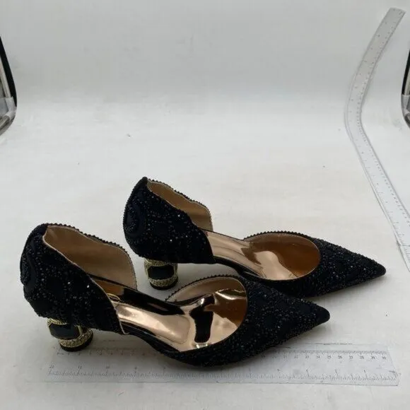 XYD Women's Pumps, Elegant Pointed Toe, D'Orsay Crystal Chunky Low Heels Black