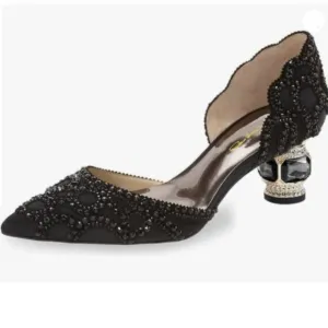 XYD Women's Pumps, Elegant Pointed Toe, D'Orsay Crystal Chunky Low Heels Black
