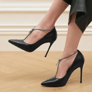 YDN Black Pointed Toe Flexible Zipper T Strap Dress Shoes Stiletto Heel Pumps